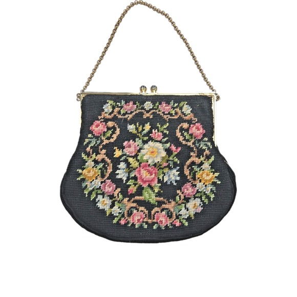 Handmade Handbags - Vintage Handmade Needlepoint Petit Point Floral Hand Bag Purse Black Chain Strap